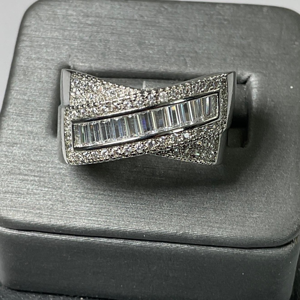 Ring Silver Tone Cubic Zirconia Baguette Crossover Statement Style New 7 - Picture 5 of 6